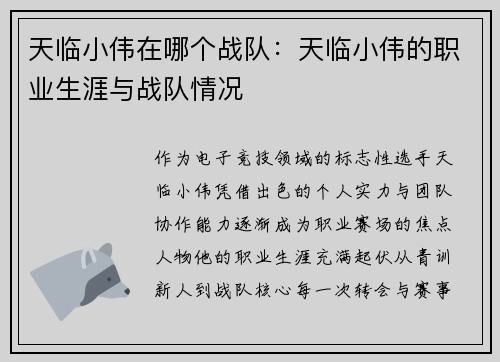 天临小伟在哪个战队：天临小伟的职业生涯与战队情况