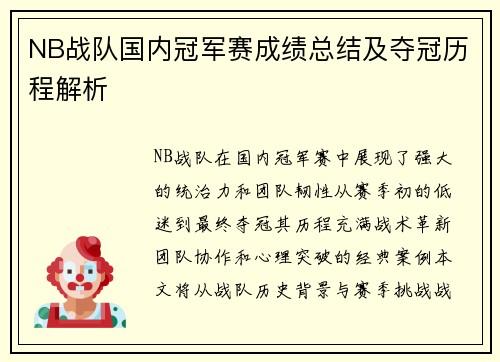 NB战队国内冠军赛成绩总结及夺冠历程解析